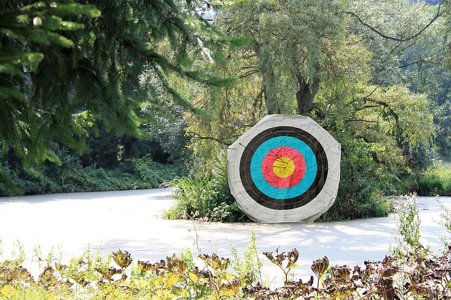 arrow target beside green leafed tree, bogensport, objectives HD wallpaper