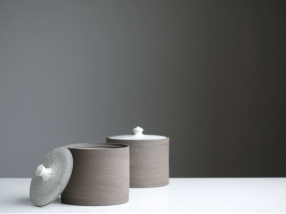 two gray canisters, two gray canister on the white wood, pots HD wallpaper