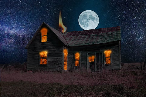 gray and brown wooden house under white full moon at night HD wallpaper