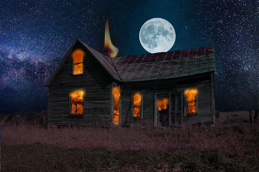 gray and brown wooden house under white full moon at night HD wallpaper