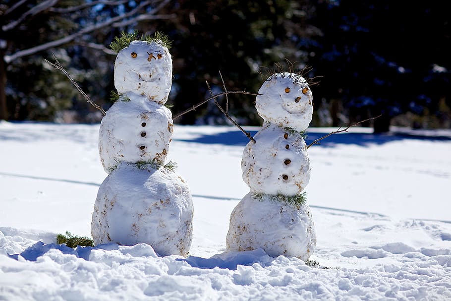 two snowmen near trees, Snowman, Winter, Holiday, season, cold HD wallpaper