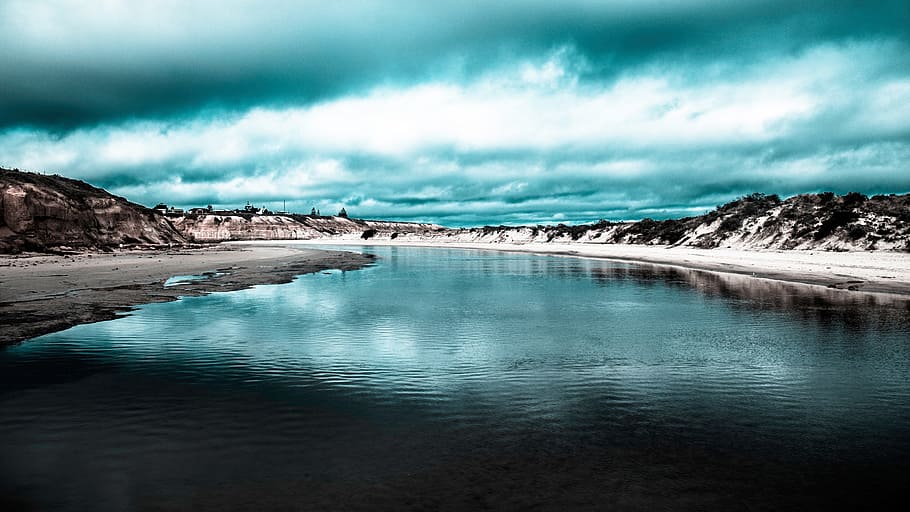 calm body of water in the middle of islands, blue, sky, clouds HD wallpaper