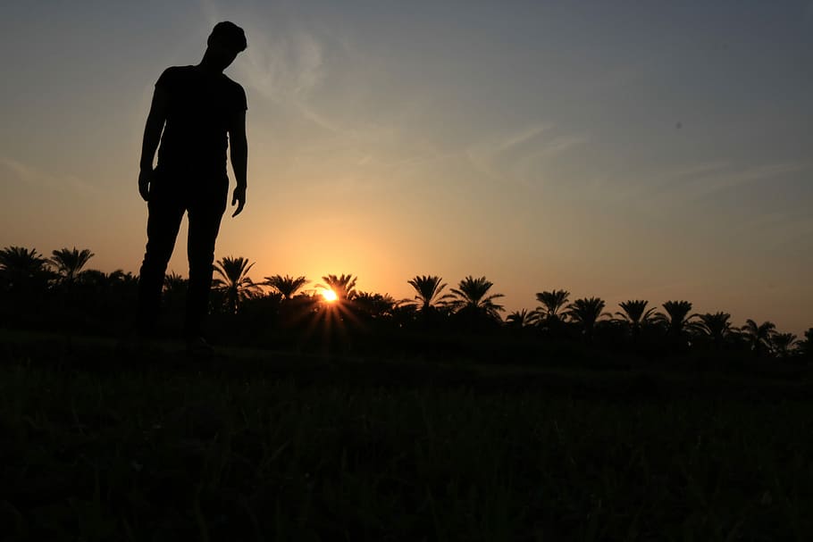 silhouette photography of a man standing on grass, night, dark HD wallpaper