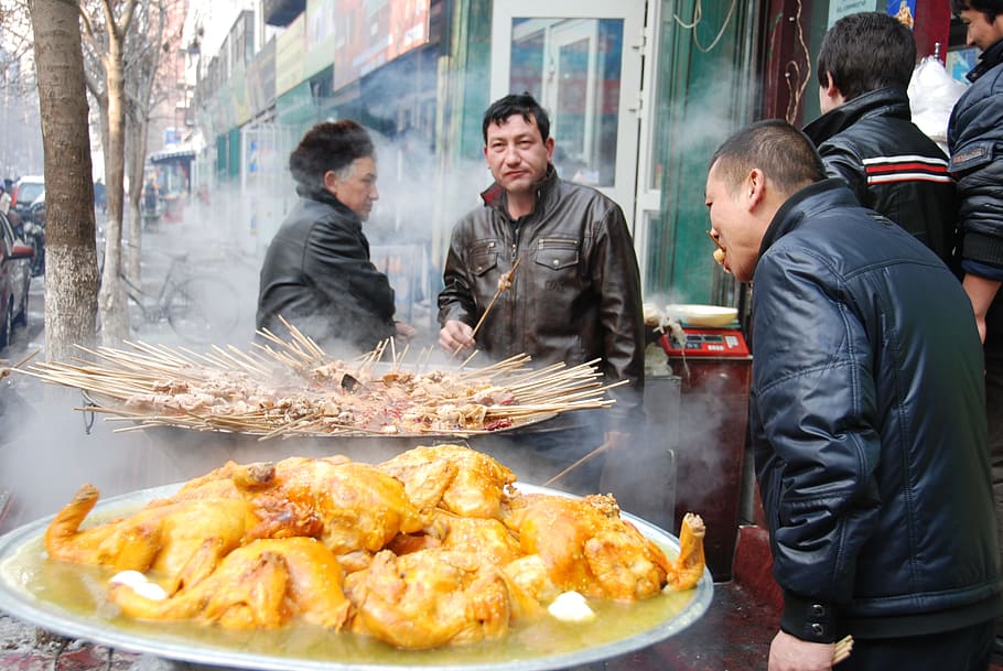food, chicken, street, men, kabob, eat, china, food and drink, HD wallpaper