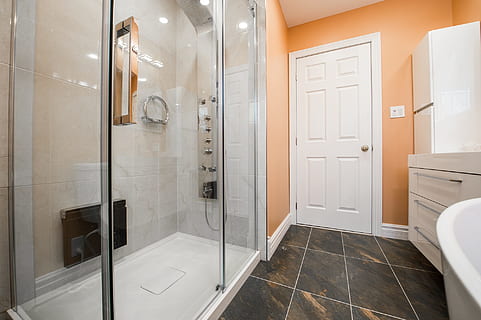 clear glass bathroom and closed white wooden door, renovation HD wallpaper