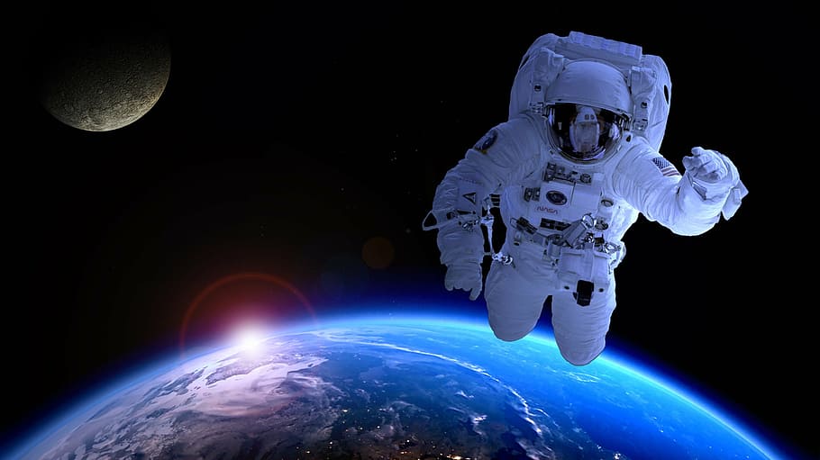 astronaut floating above earth, astronomy, satellite, moon, forward