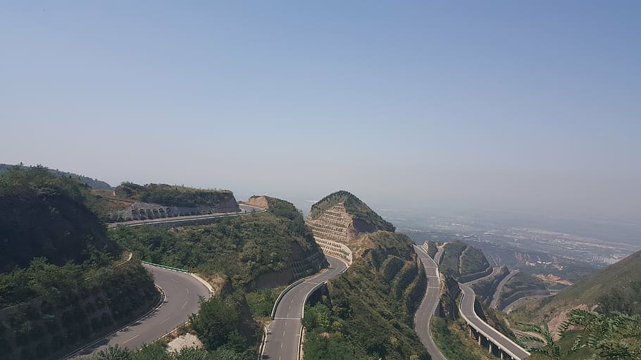 huanshan, mountain, car, china, road, view, serpentine road, HD wallpaper