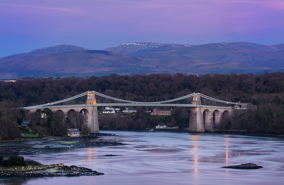 landscape photography of cable bridge near mountain range, gray bridge surrounded by trees HD wallpaper