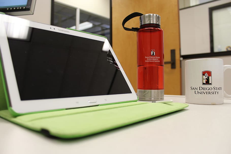 white Samsung Tab beside red tumbler and white mug, Tablet HD wallpaper
