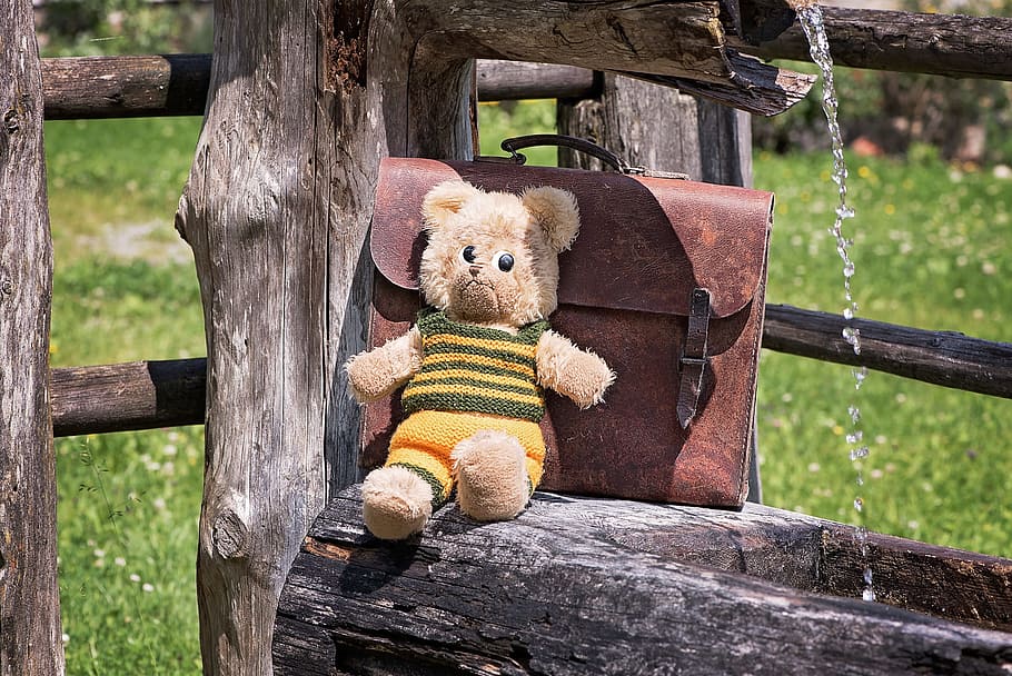 teddy, teddy bear, old, used, schoolbag, leather case, fountain, HD wallpaper