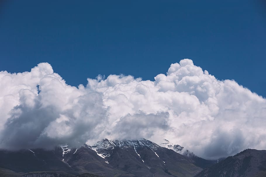 mountain, peak, summit, clouds, sky, blue, cloudy, high, altitude HD wallpaper