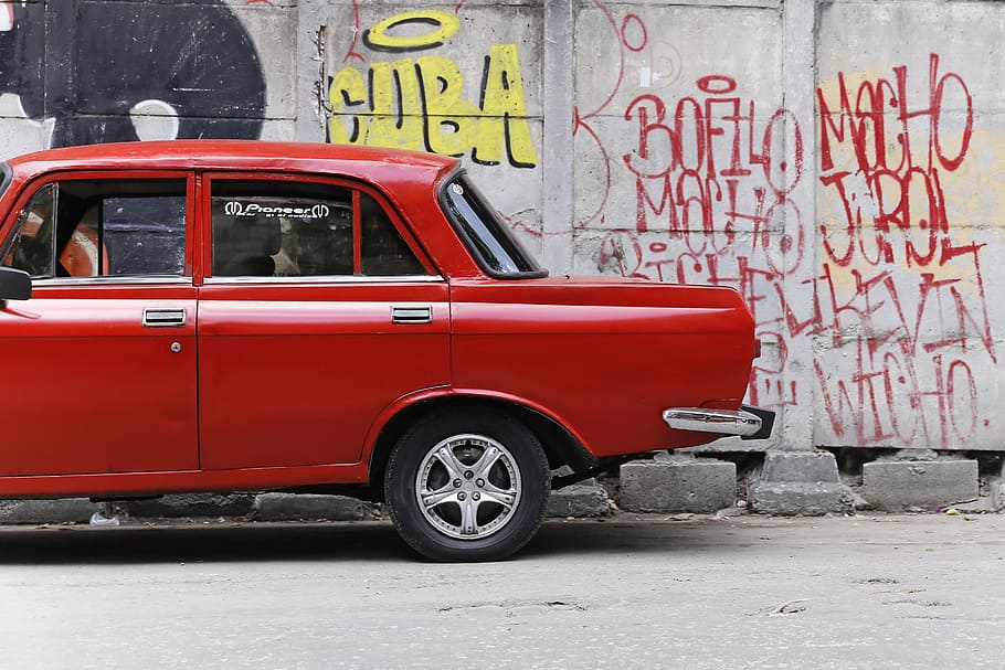 red vehicle parking near white concrete wall, cuba, havana HD wallpaper