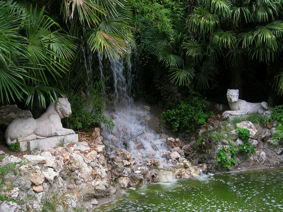 Lions, Sculpture, Source, River, Forest, lions sculpture, trees HD wallpaper