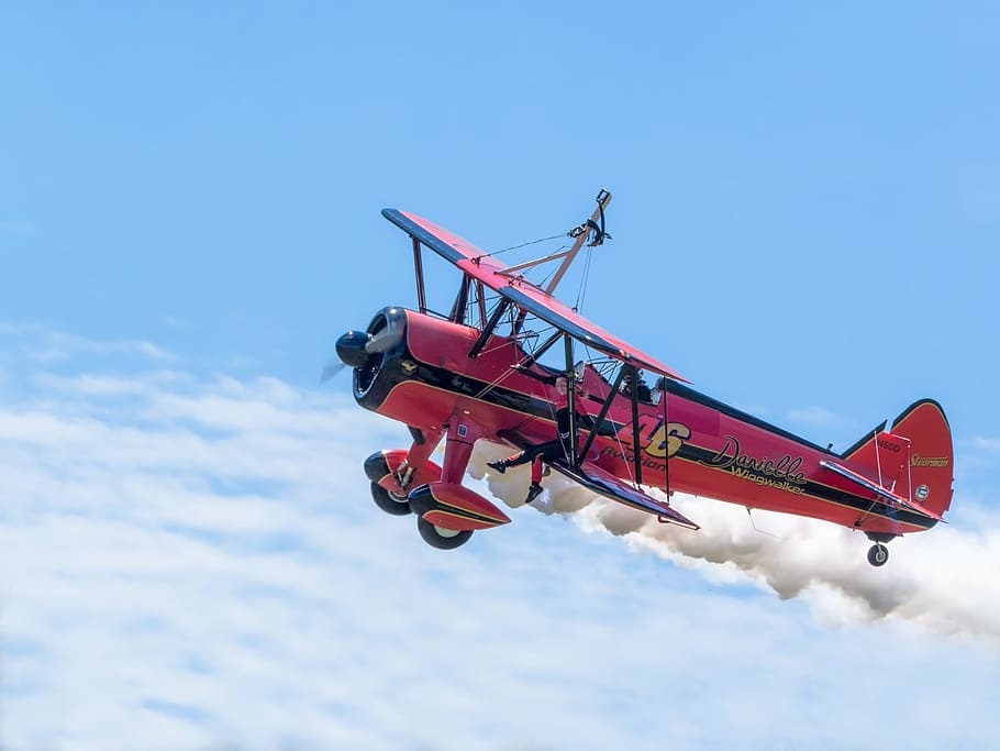 red and black biplane, aircraft, double decker, wingwalker HD wallpaper