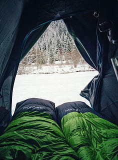two black-and-green sleeping bags inside tent, camping, cold HD wallpaper