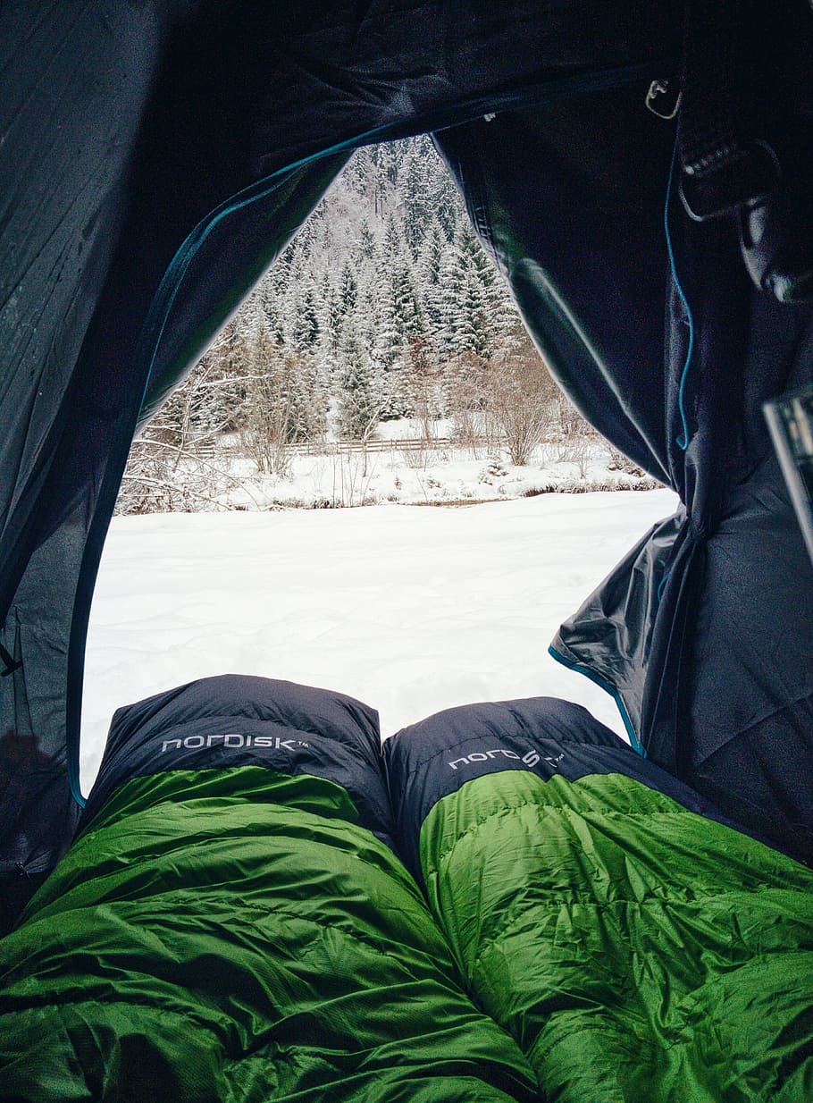 two black-and-green sleeping bags inside tent, camping, cold