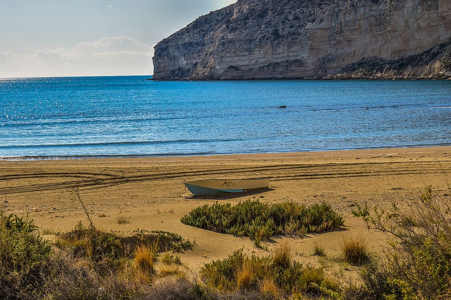 beach, cliffs, sea, coastline, landscape, boat, scenic, water HD wallpaper