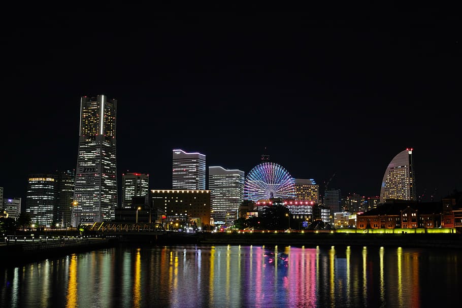 landscape photography of cityscape, night view, light, sea, yokohama