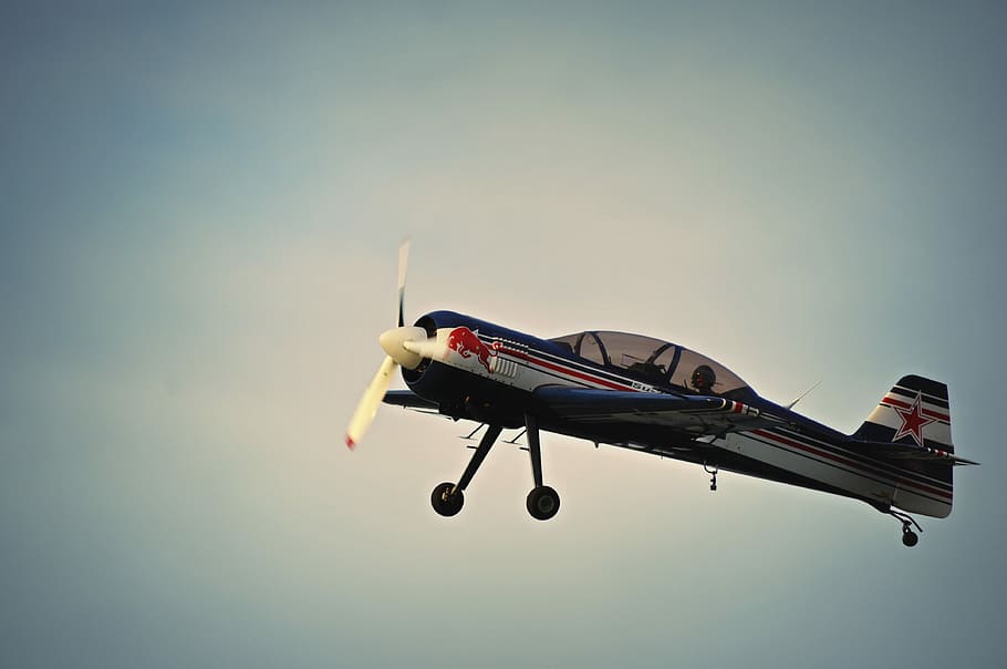 photo of Red Bull print plane, black and gray airplane flying through sky HD wallpaper