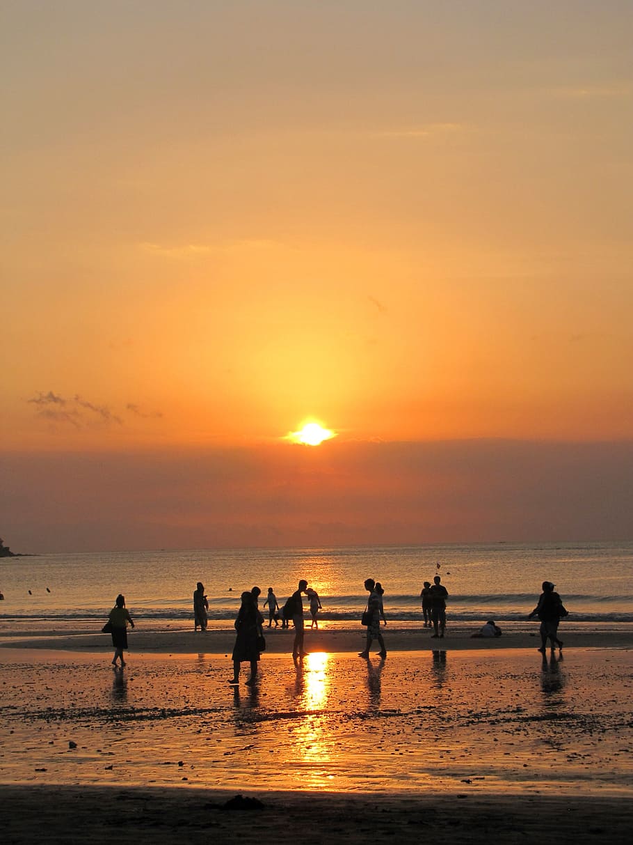 sunset, indonesia, beach, sea, people, silhouette, vacations HD wallpaper