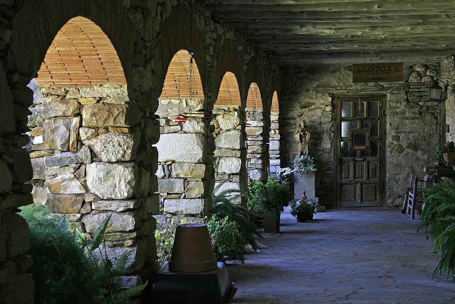 gray concrete corridor, Mission, Stone, Flowers, Spanish, historic HD wallpaper