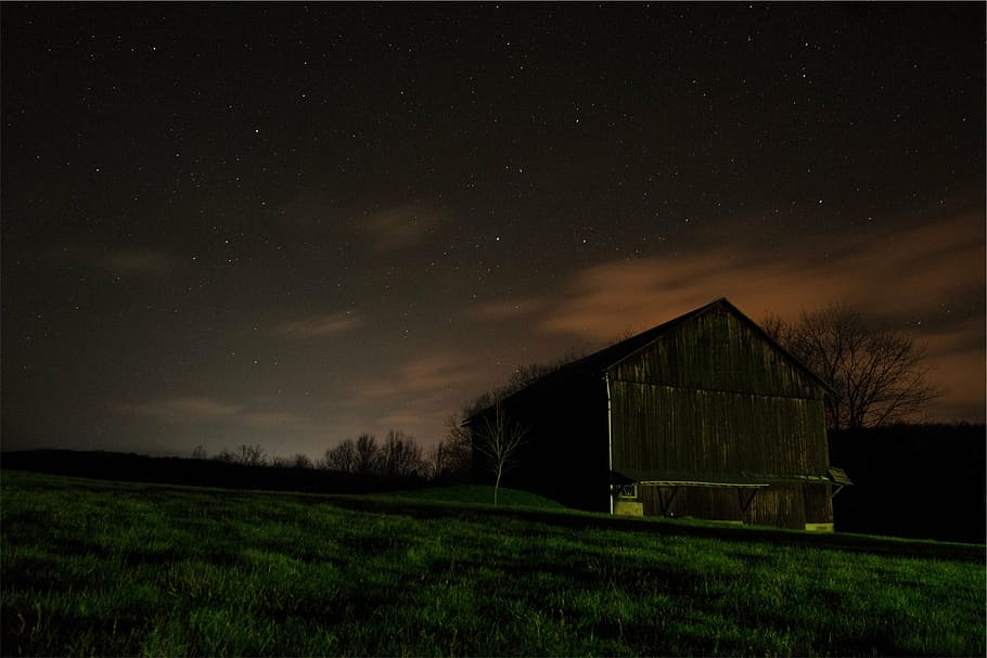 brown wooden barn on grass field, shed, sun, set, dark, night HD wallpaper