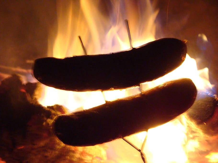 two sausages on firepit, bratwurst, hot dog, roast, flames HD wallpaper