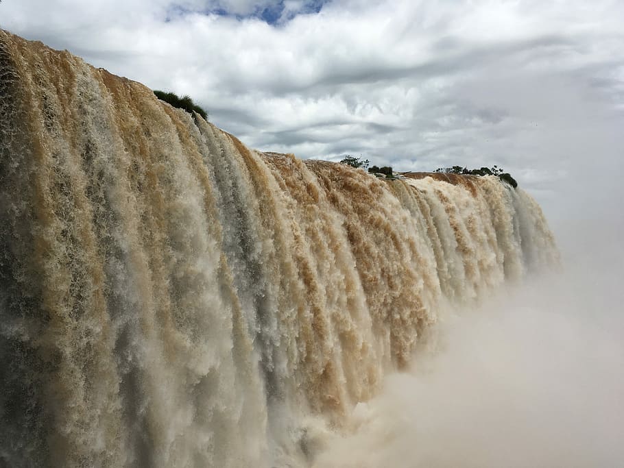 waterfall, brazil, waterfalls, cloud - sky, rock, scenics - nature HD wallpaper