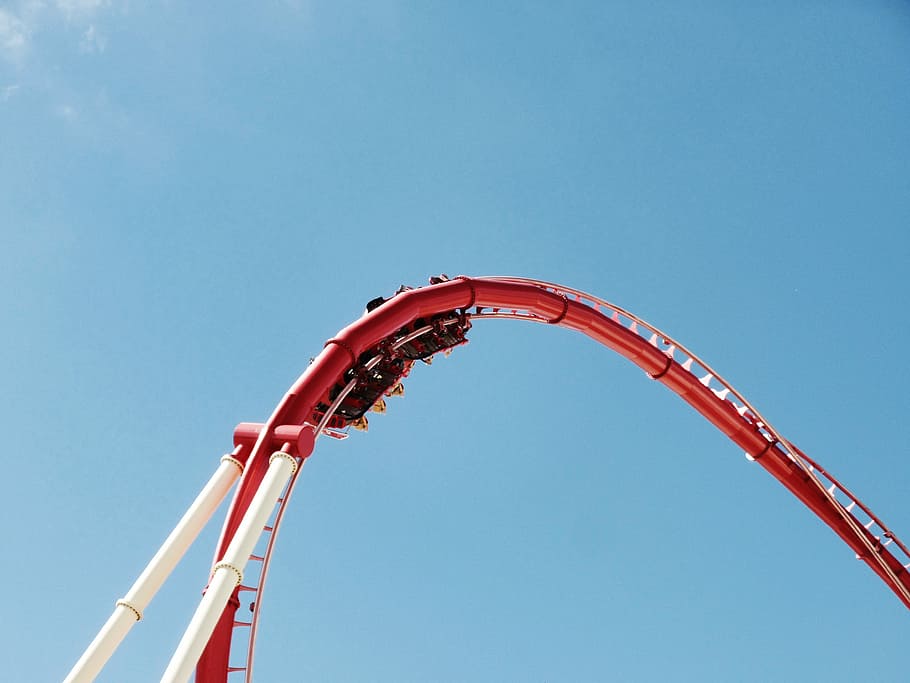 people riding on roller coaster under blue calm sky, rollercoaster HD wallpaper