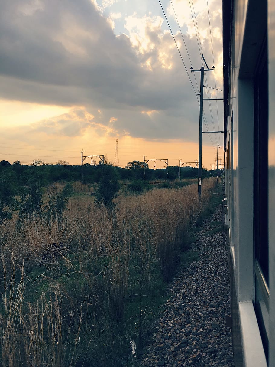 landscape, sky, clouds, train, sunset, nature, outdoors, cloud - sky HD wallpaper
