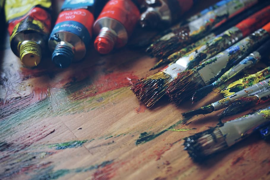 assorted-color paintbrush and paint on brown wooden parquet, art, HD wallpaper