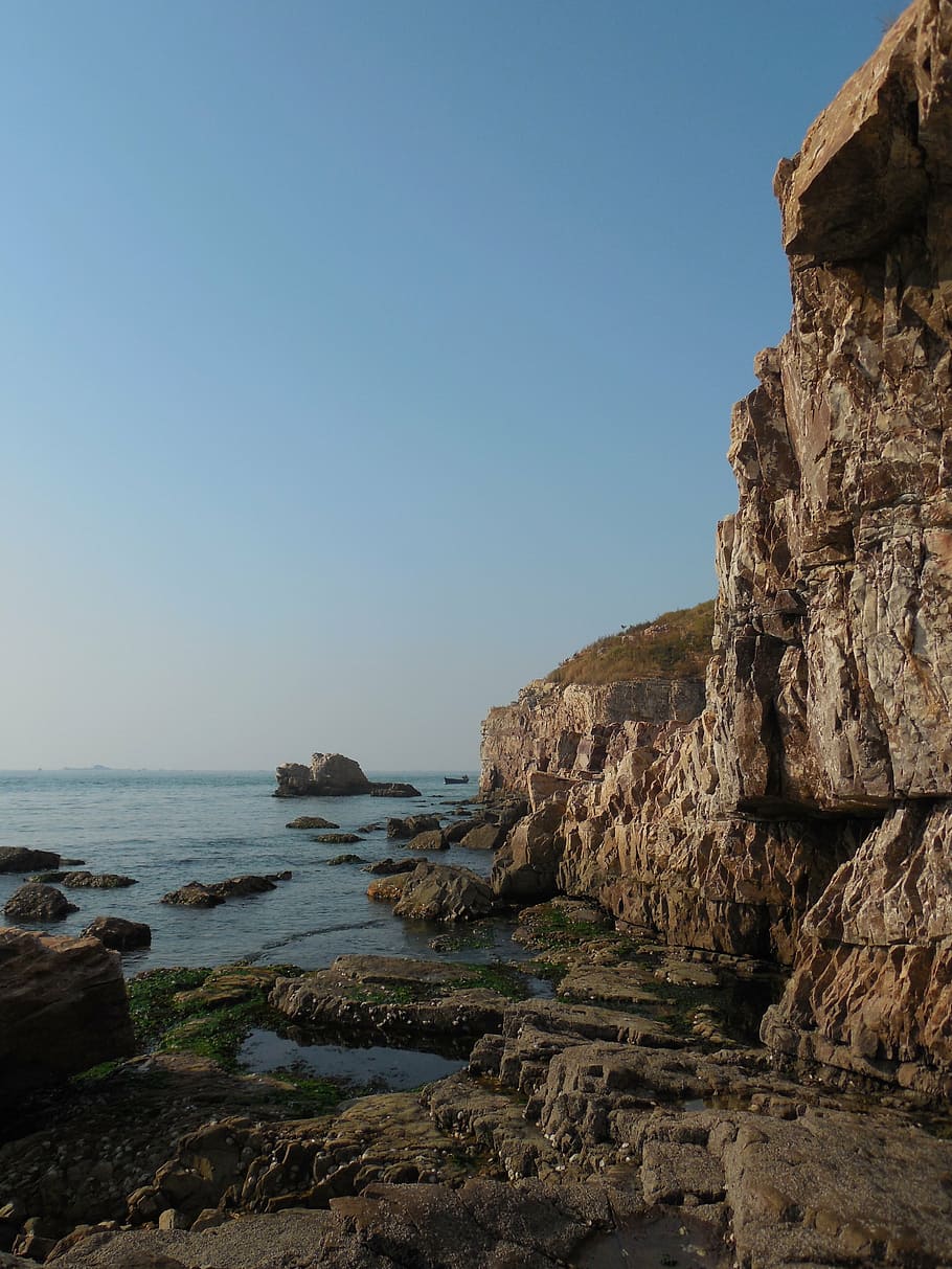 ocean, beach, rocks, cliff, water, sky, tide, tide pool, sea HD wallpaper