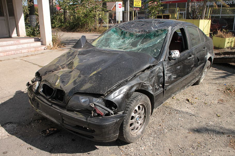 wrecked black sedan, accident, bmw, car, crushed, road, traffic, HD wallpaper