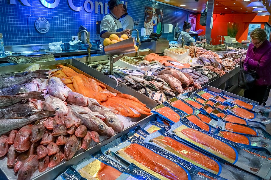 sea food stall, fish market, seafood, fresh, healthy, ocean, raw