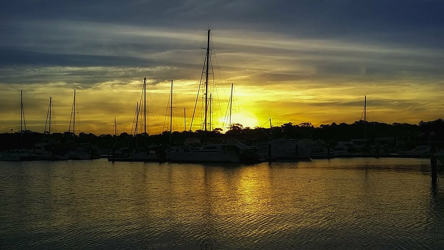 silhouette photo of dock during golden hour, sunset, landscape HD wallpaper