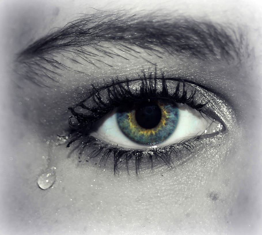 Teardrop falling out of blue eye, blue eyes, cry, crying, depression