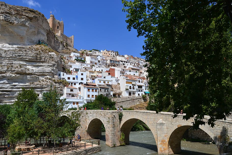 bridge, roman, river, spain, alcalá del jucar, castle, monuments HD wallpaper