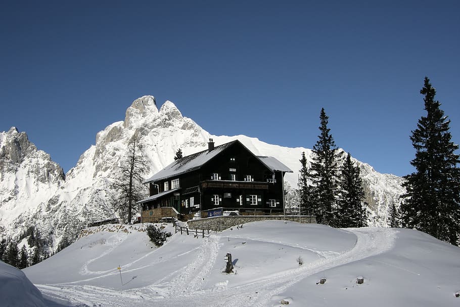 alpine, mountains, refuge, winter, mountain hut, hiking tour HD wallpaper