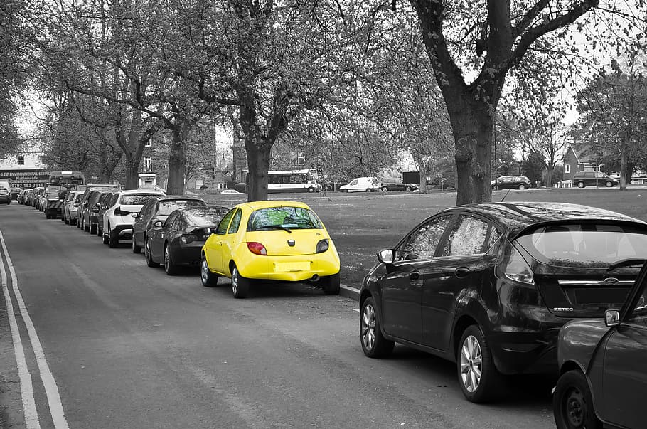 selective color of yellow car, property, parking, dom, ride HD wallpaper