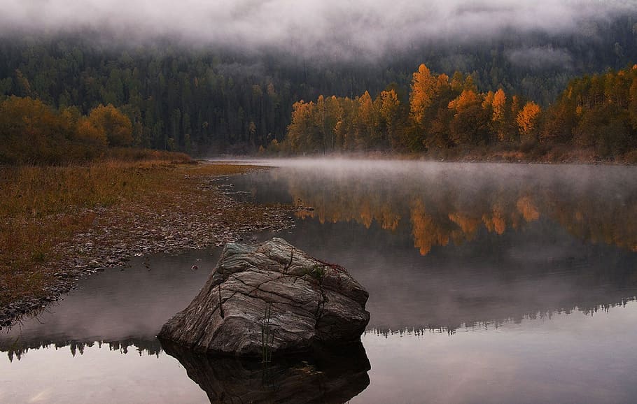 black stone fragment surrounded by body of water, autumn, lake HD wallpaper