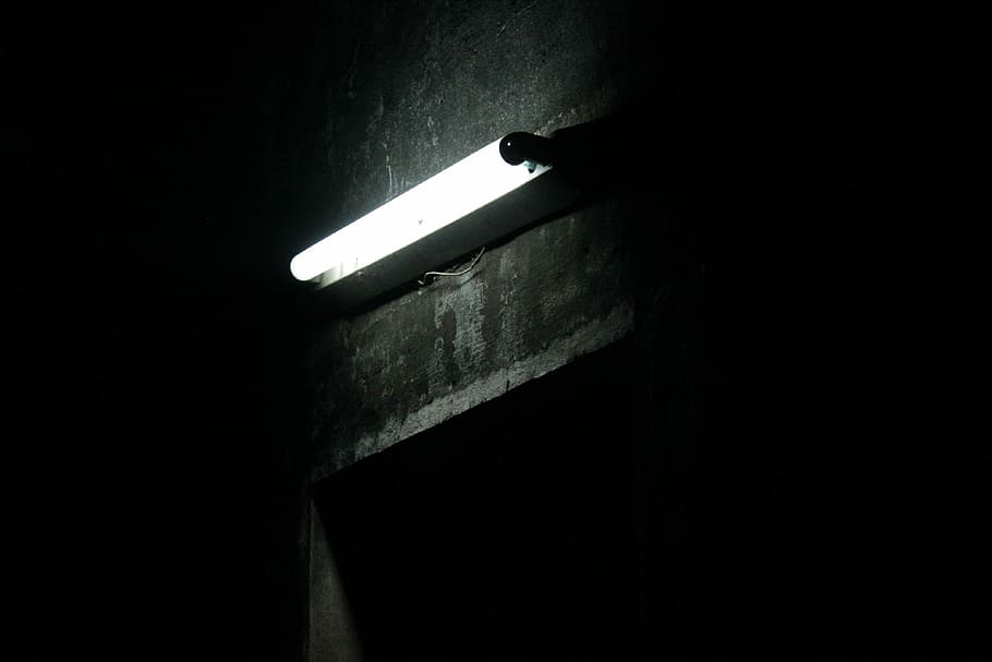 fluorescent lamp turned on, dark, entrance, lightbulb, no people, HD wallpaper