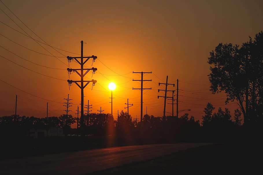 sunset, dusk, power lines, road, street, rural, trees, sky HD wallpaper