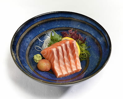 sliced raw tuna in blue bowl, Salmon, Sashimi, Fish, salmon sashimi HD wallpaper