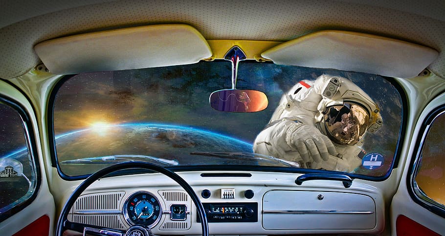view of an astronaut and earth from inside a vehicle, eclipse HD wallpaper