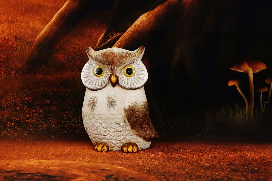 brown and white owl illustration, forest, figure, bird, eagle owl HD wallpaper