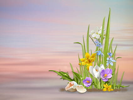 assorted-color flowers on pink surface, spring, spring flowers HD wallpaper