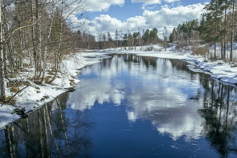 river, sky, reflection, blue, landscape, water, finnish, clouds HD wallpaper