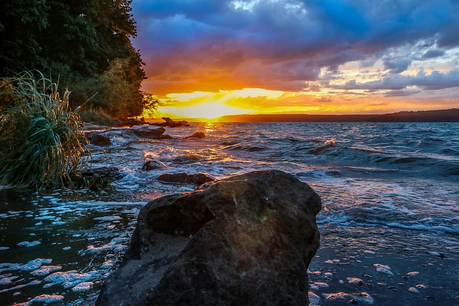 rock formation on body of water during sunset, ocean, beach HD wallpaper