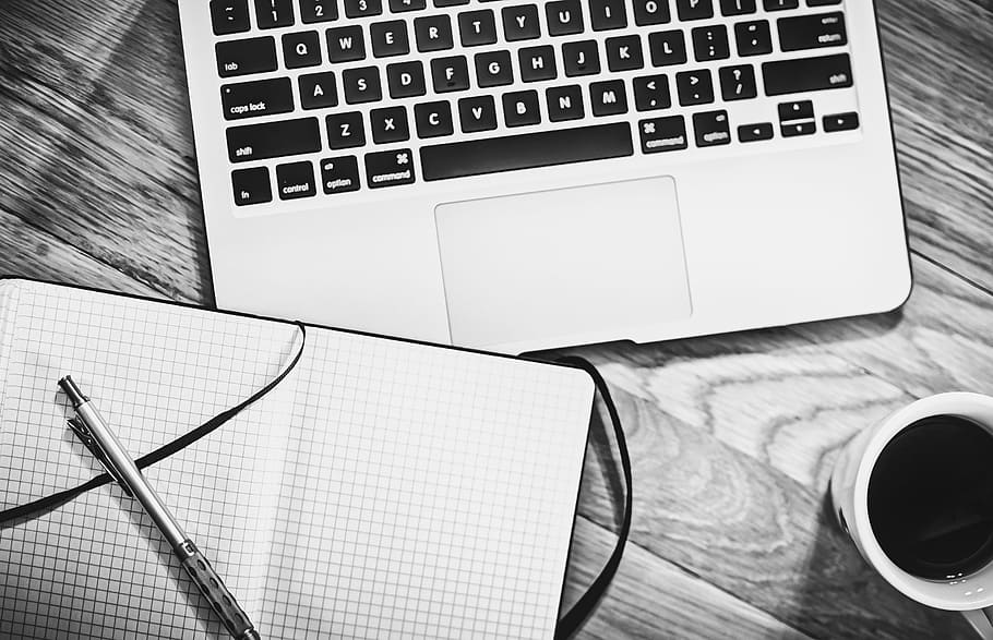 grayscale photo of MacBook near ceramic mug, computer, notebook HD wallpaper