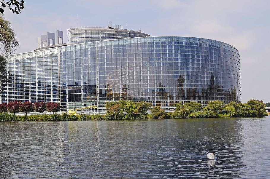 glass building beside body of water, European Parliament, Strasbourg, HD wallpaper